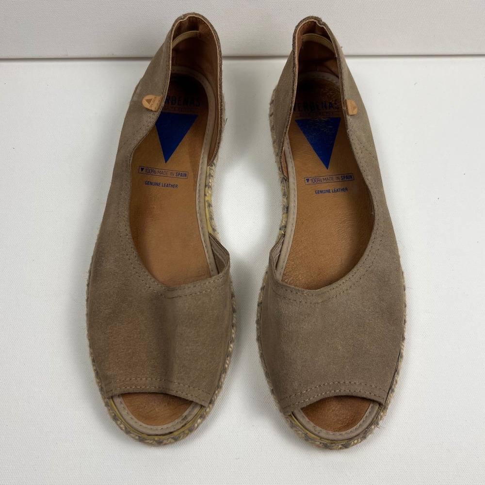 Verbenas Gaudi Suede Espadrilles Peep Toe Flats Taupe Made in Spain Size 10-10.5